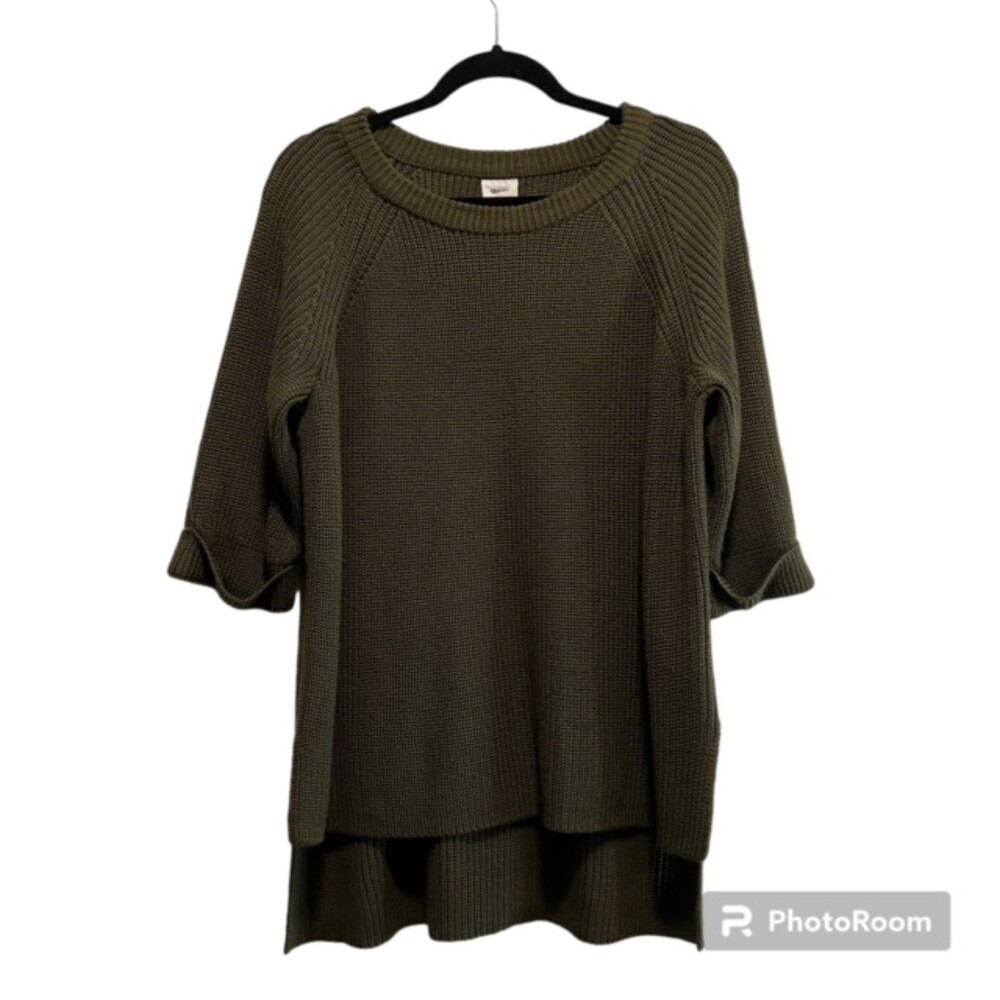 Mote Womens Green Scoop Neck Hi Low Cuffed Sleeve Knit Pullover Sweater Size Med